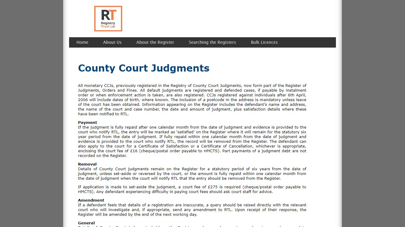 Registry of Judgments, Orders and Fines - County Court Judgments